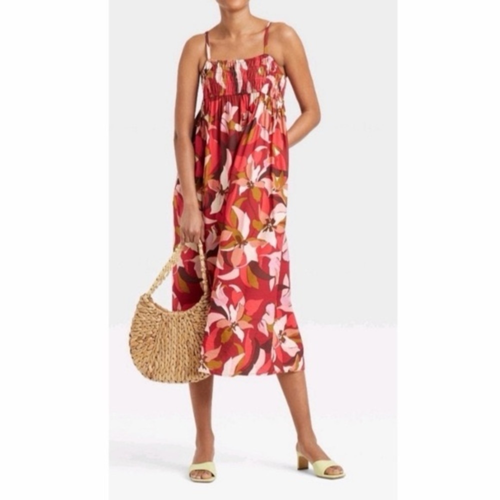 a new day women midi maxi dress large 12 14 floral pink tan brown nwot pockets